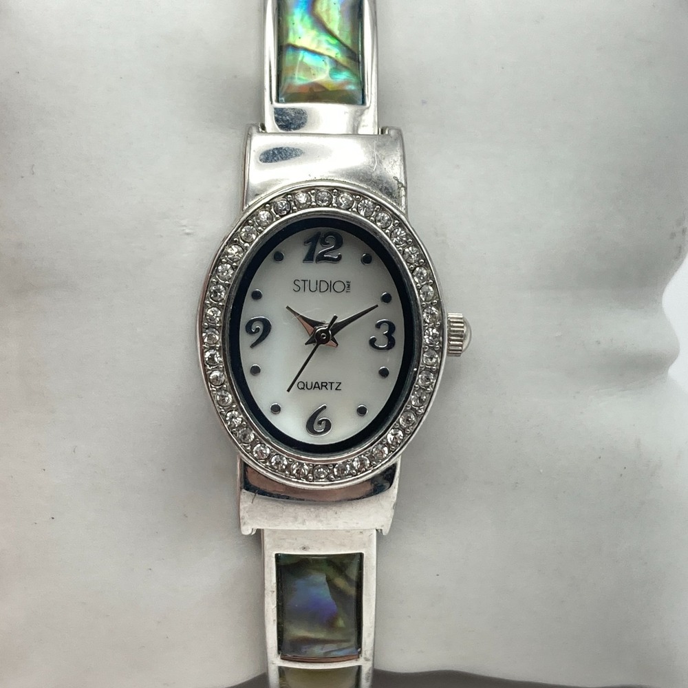 Studio Time Women's Watch 20mm Abalone Silver Tone MOP Crystals Cuff New Battery